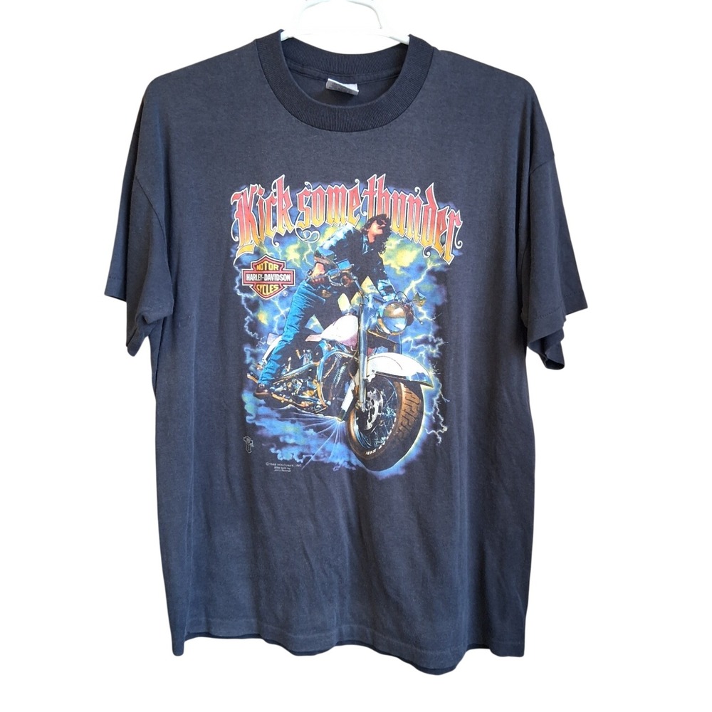 Vintage 1988 Harley Davidson Shirt‎ XL Black Kick Some Thunder Holoubek Biker